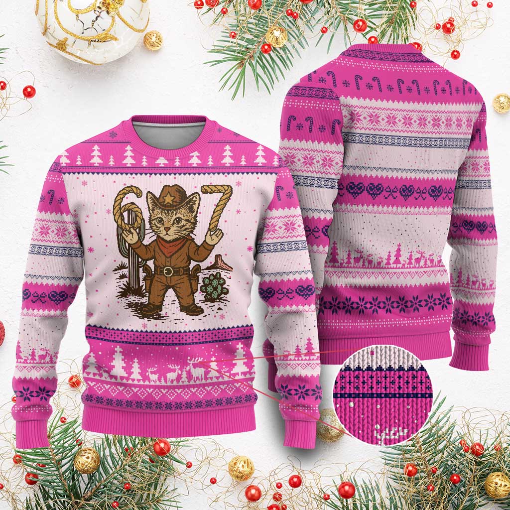 Funny Cowcat Six Seven Meme Ugly Christmas Sweater Gen Alpha 67 Trend Gift - Wonder Print Shop