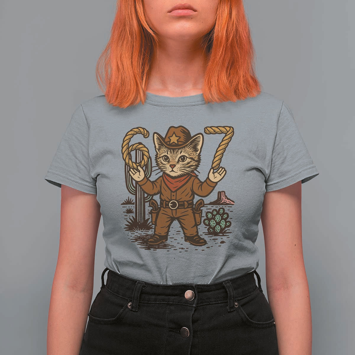 Funny Cowcat Six Seven Meme T Shirt For Women Gen Alpha 67 Trend Gift - Wonder Print Shop