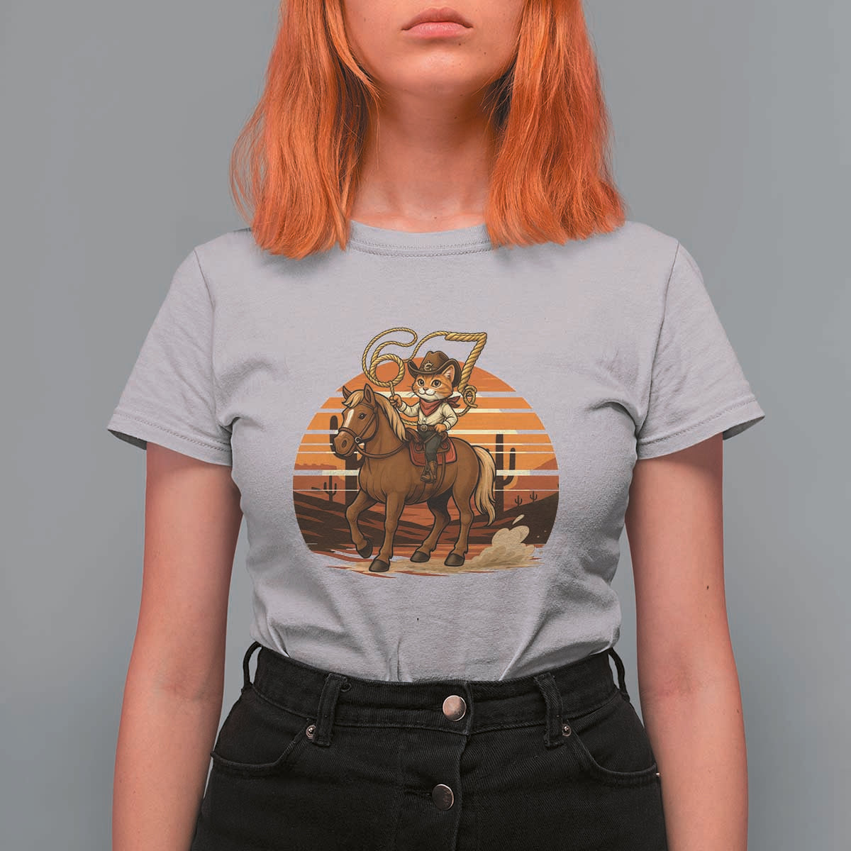 Funny Cowcat Six Seven Meme T Shirt For Women Western 67 Trend Gift - Wonder Print Shop