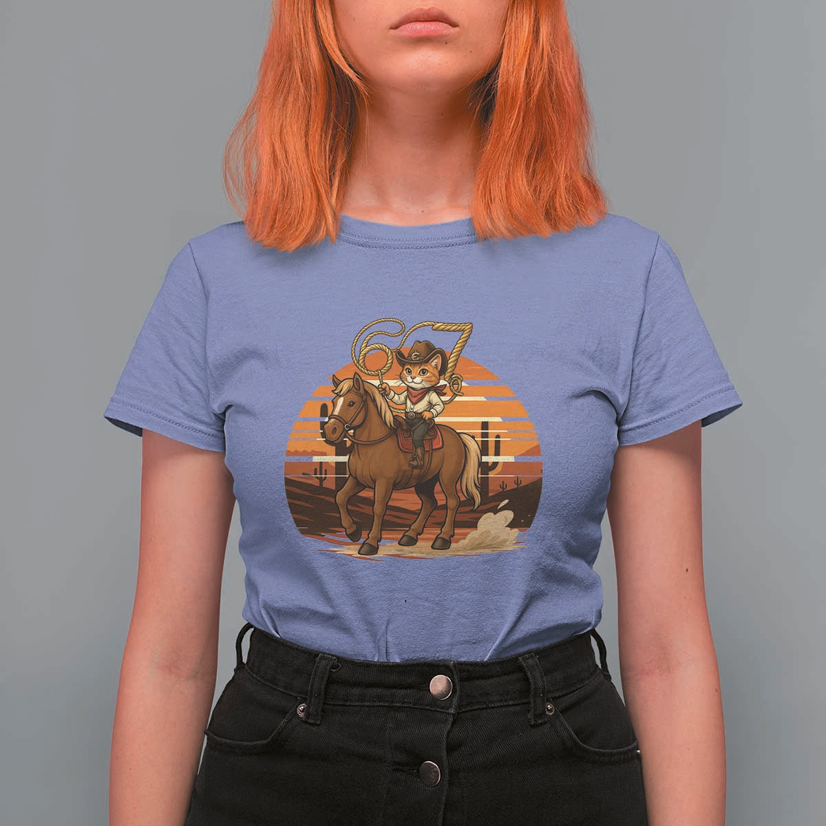 Funny Cowcat Six Seven Meme T Shirt For Women Western 67 Trend Gift - Wonder Print Shop