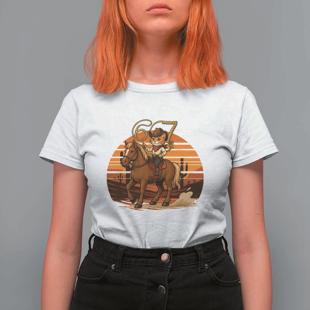 Funny Cowcat Six Seven Meme T Shirt For Women Western 67 Trend Gift - Wonder Print Shop
