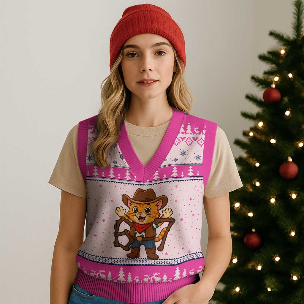 Funny Six Seven Meme Cowcat V-Neck Knit Sweater Vest Gen Alpha Slang Gift - Wonder Print Shop
