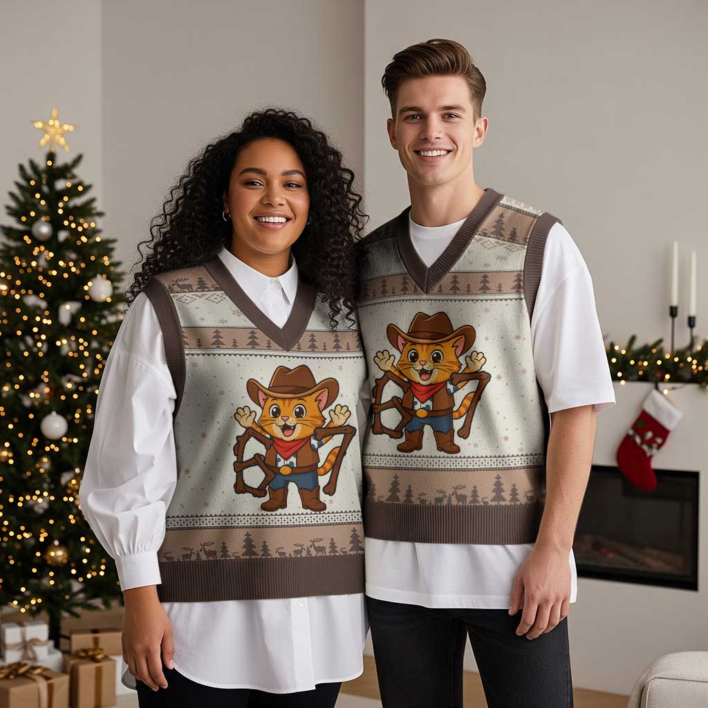 Funny Six Seven Meme Cowcat V-Neck Knit Sweater Vest Gen Alpha Slang Gift - Wonder Print Shop
