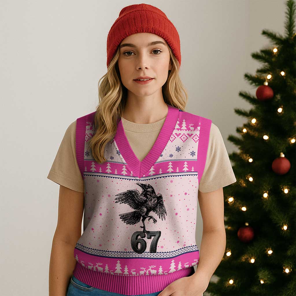 Funny Raven Brainrot Six Seven Meme Gift V-Neck Knit Sweater Vest - Wonder Print Shop