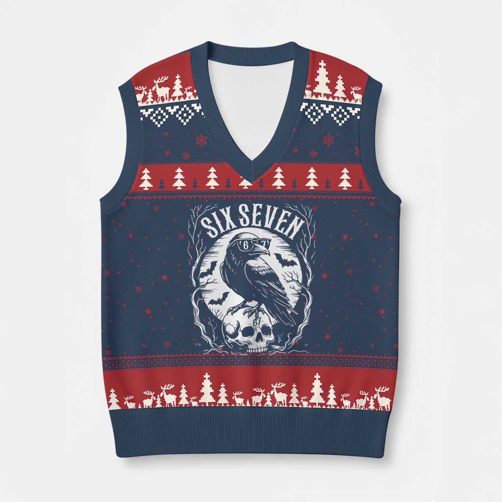 Gothic Raven Brainrot Six Seven V-Neck Knit Sweater Vest Gen Z Alpha Gift - Wonder Print Shop
