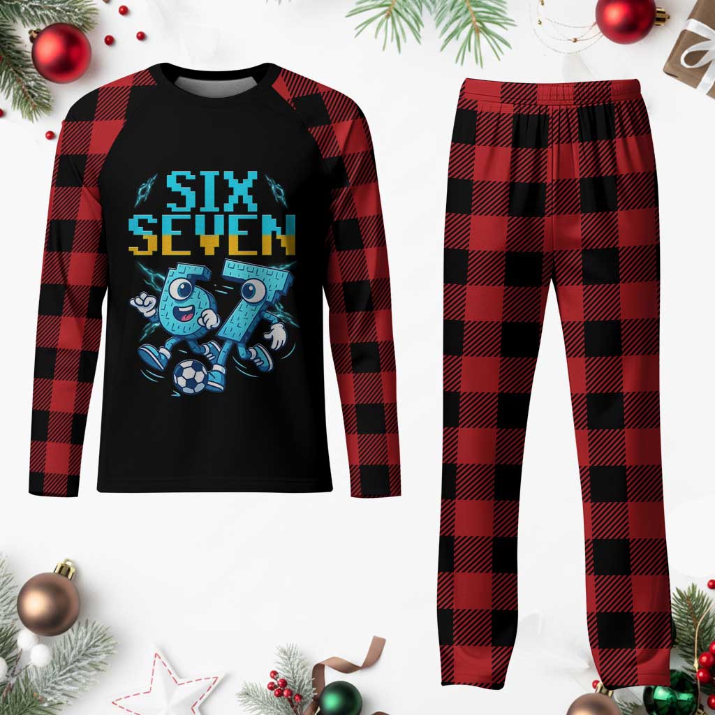 Funny Six Seven Pixel Playing Soccer Plaid Pajama Set Gen Z Alpha Gift