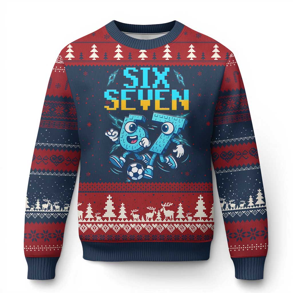 Funny Six Seven Pixel Playing Soccer Ugly Christmas Sweater Gen Z Alpha Gift
