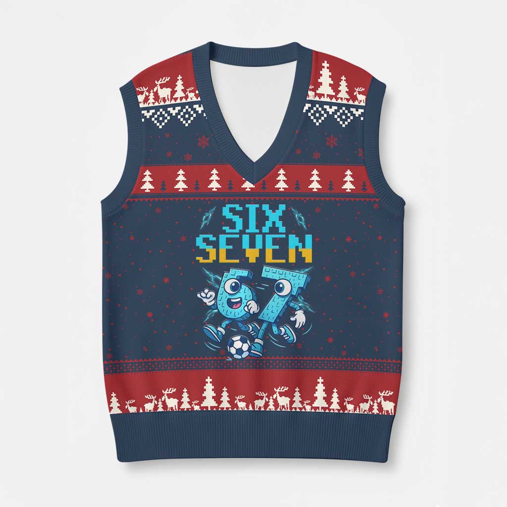Funny Six Seven Pixel Playing Soccer V-Neck Knit Sweater Vest Gen Z Alpha Gift