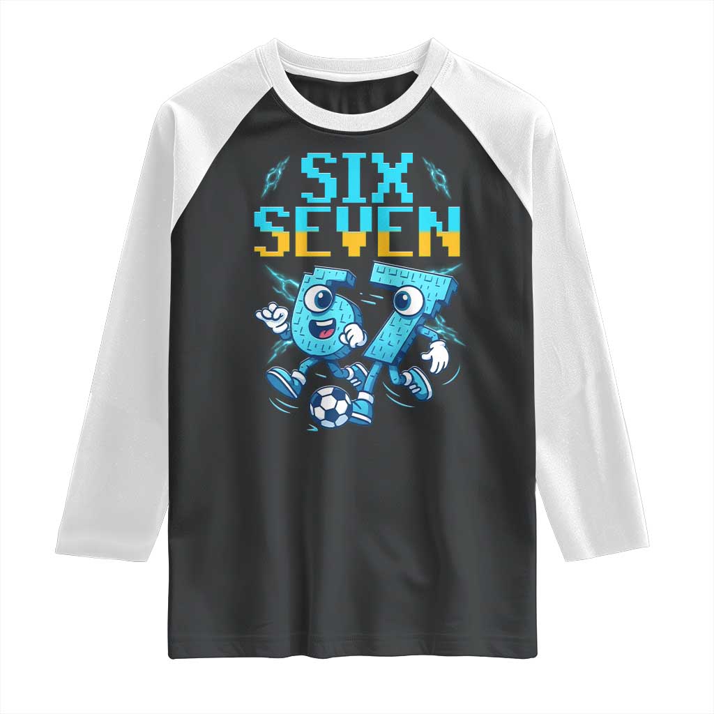 Funny Six Seven Pixel Playing Soccer Raglan Shirt Gen Z Alpha Gift