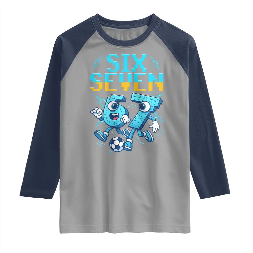 Funny Six Seven Pixel Playing Soccer Raglan Shirt Gen Z Alpha Gift