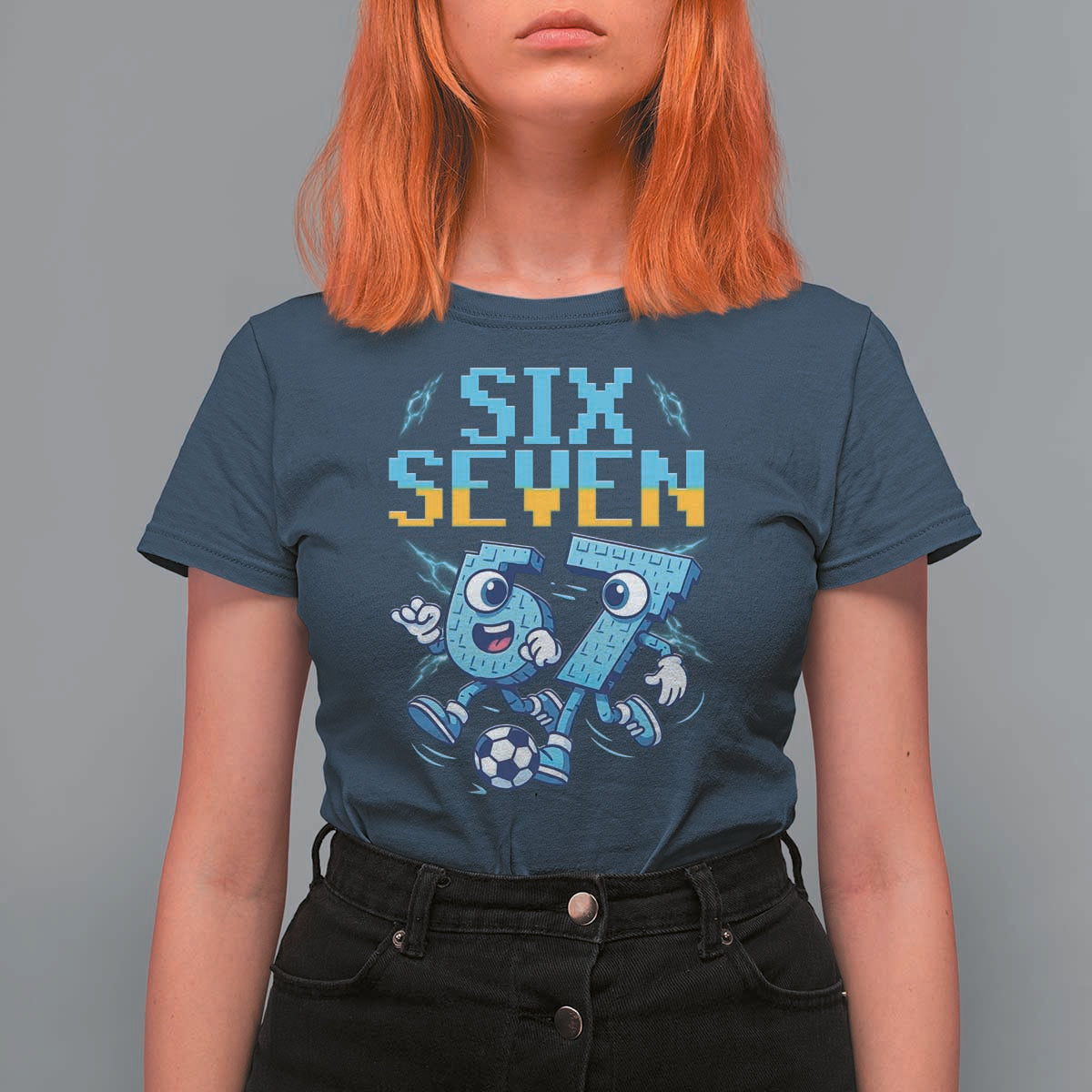 Funny Six Seven Pixel Playing Soccer T Shirt For Women Gen Z Alpha Gift