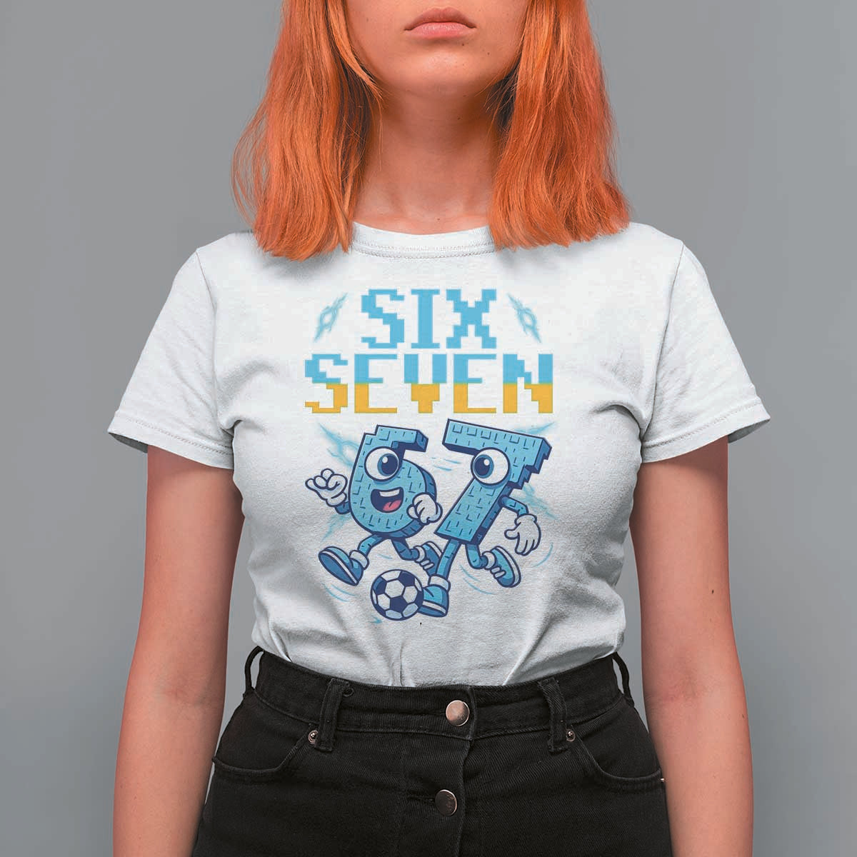 Funny Six Seven Pixel Playing Soccer T Shirt For Women Gen Z Alpha Gift
