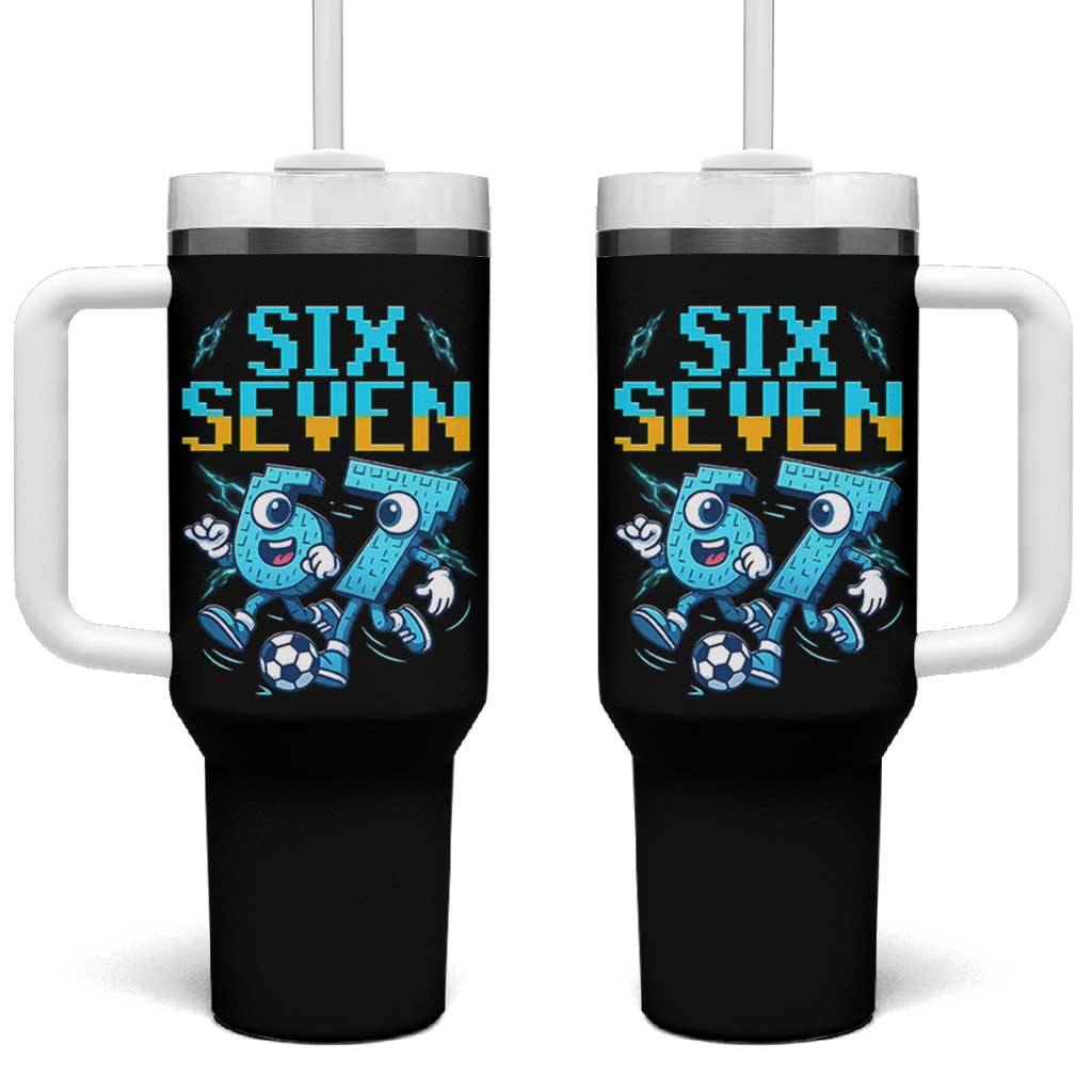 Funny Six Seven Pixel Playing Soccer Tumbler With Handle Gen Z Alpha Gift