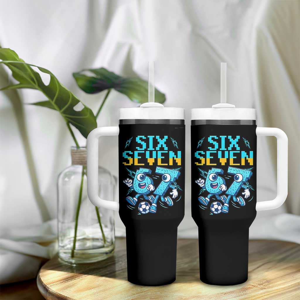 Funny Six Seven Pixel Playing Soccer Tumbler With Handle Gen Z Alpha Gift