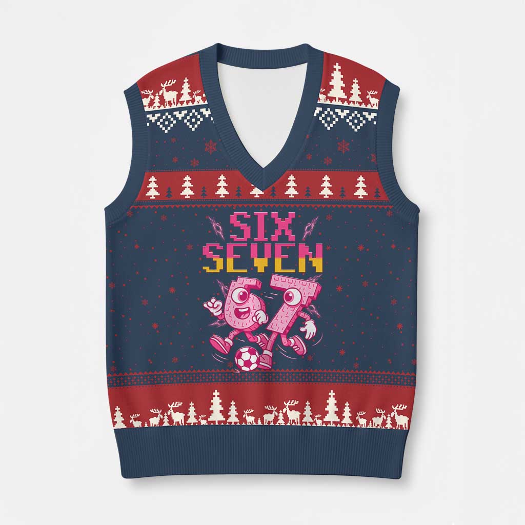 Funny Gen Z Alpha Gift V-Neck Knit Sweater Vest Six Seven Meme Soccer Lover