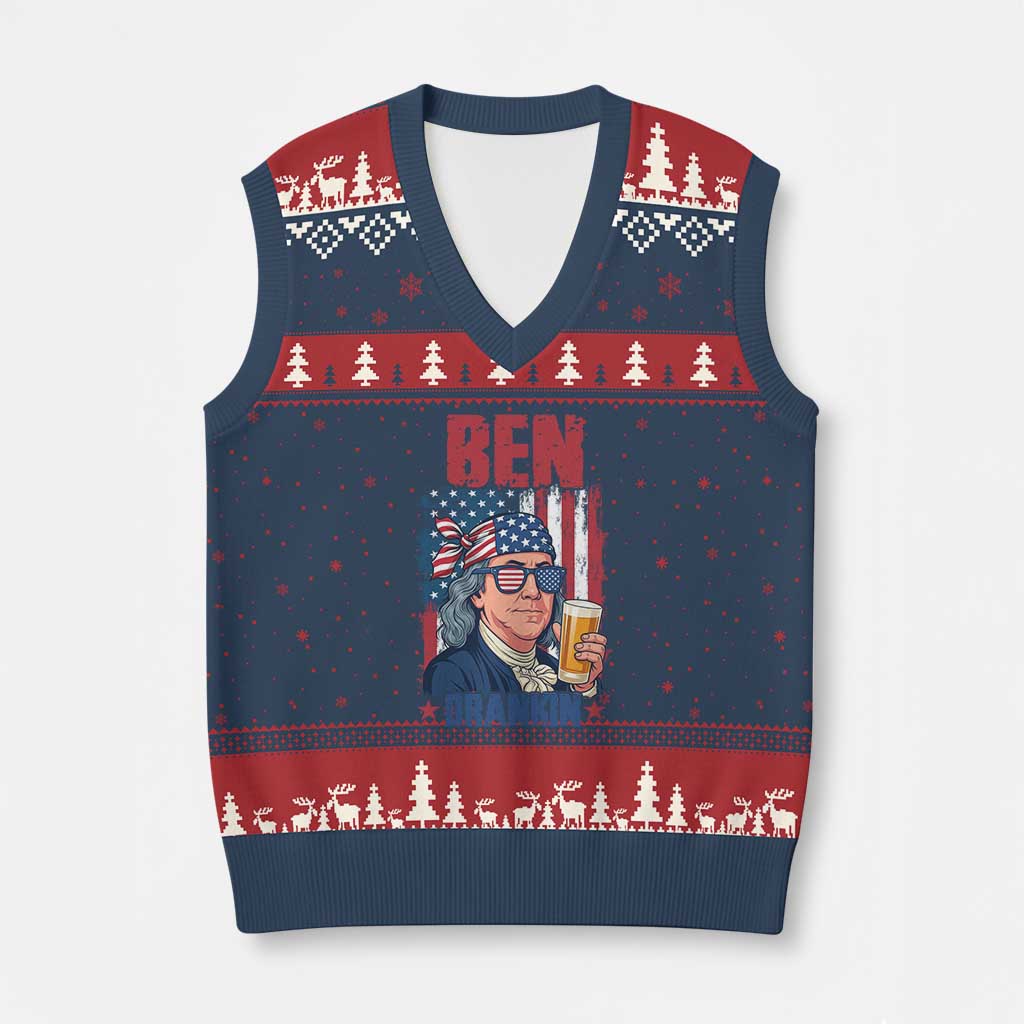 Benjamin Franklin V-Neck Knit Sweater Vest Funny Ben Drankin American History