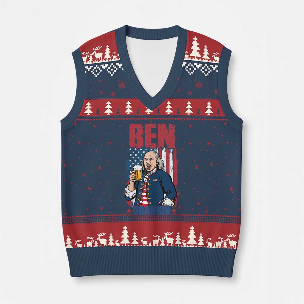 Benjamin Franklin V-Neck Knit Sweater Vest Funny Patriotic Founding Father