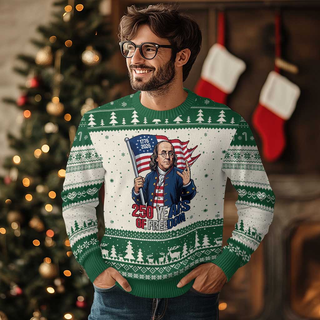 Patriotic Benjamin Franklin Ugly Christmas Sweater 250 Years Of Freedom