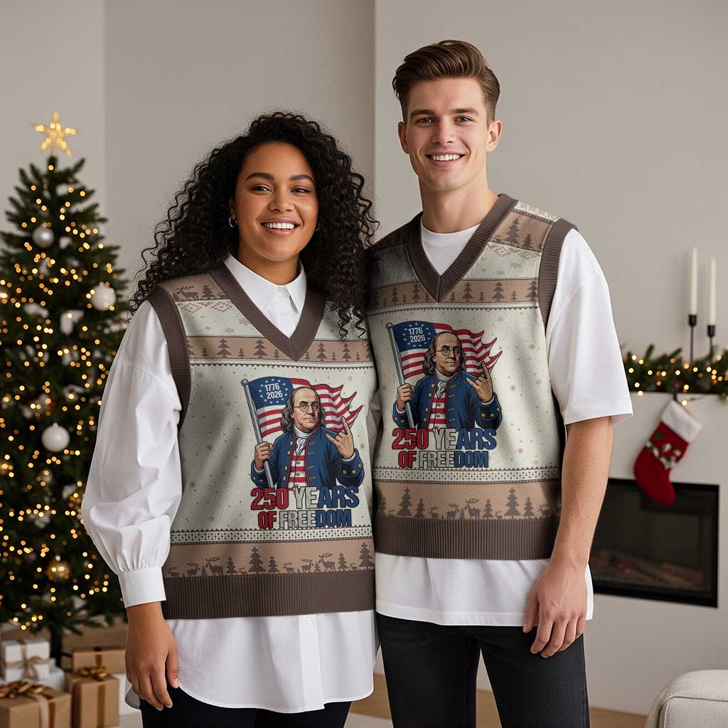 Patriotic Benjamin Franklin V-Neck Knit Sweater Vest 250 Years Of Freedom