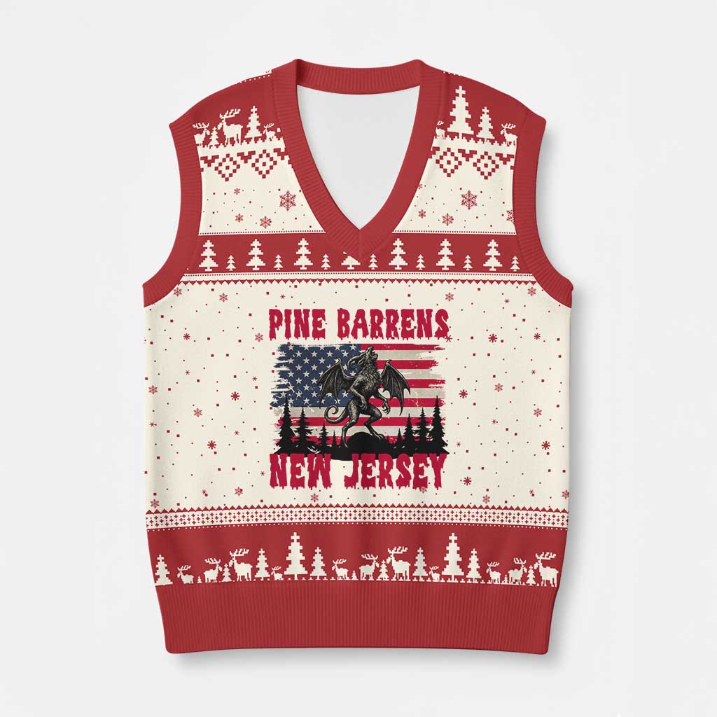 Patriotic Jersey Devil V-Neck Knit Sweater Vest Pine Barrens New Jersey Cryptid