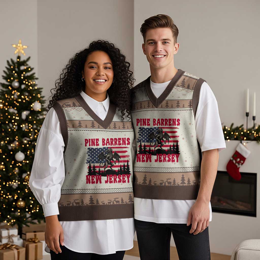 Patriotic Jersey Devil V-Neck Knit Sweater Vest Pine Barrens New Jersey Cryptid