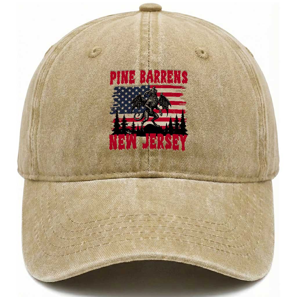 Patriotic Jersey Devil Washed Cotton Baseball Cap Pine Barrens New Jersey Cryptid