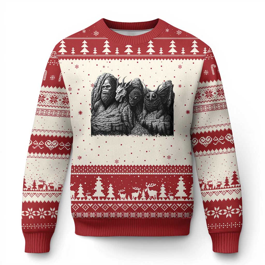Cryptid Mount Rushmore Ugly Christmas Sweater Bigfoot Mothman Jersey Devil Chupacabra