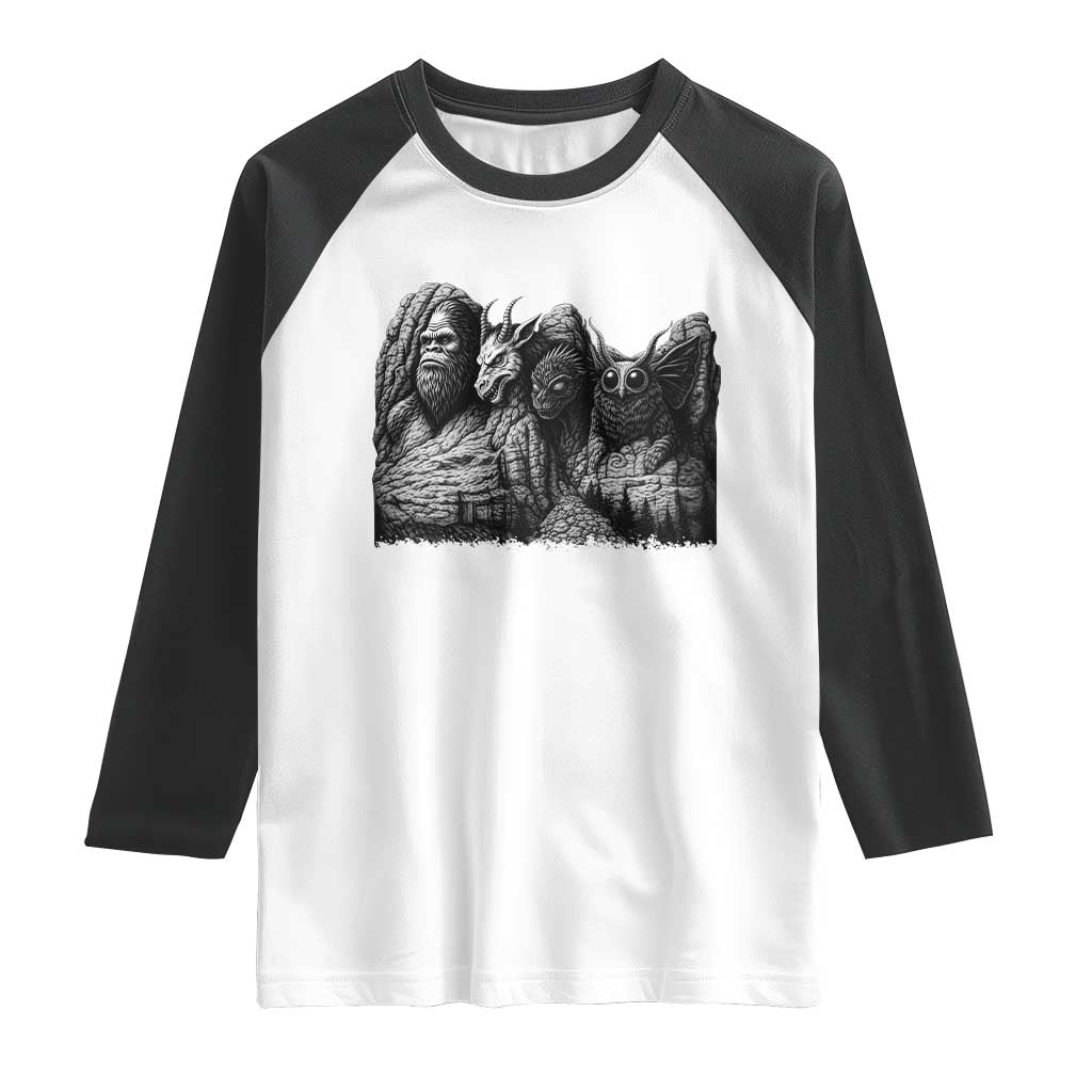 Cryptid Mount Rushmore Raglan Shirt Bigfoot Mothman Jersey Devil Chupacabra