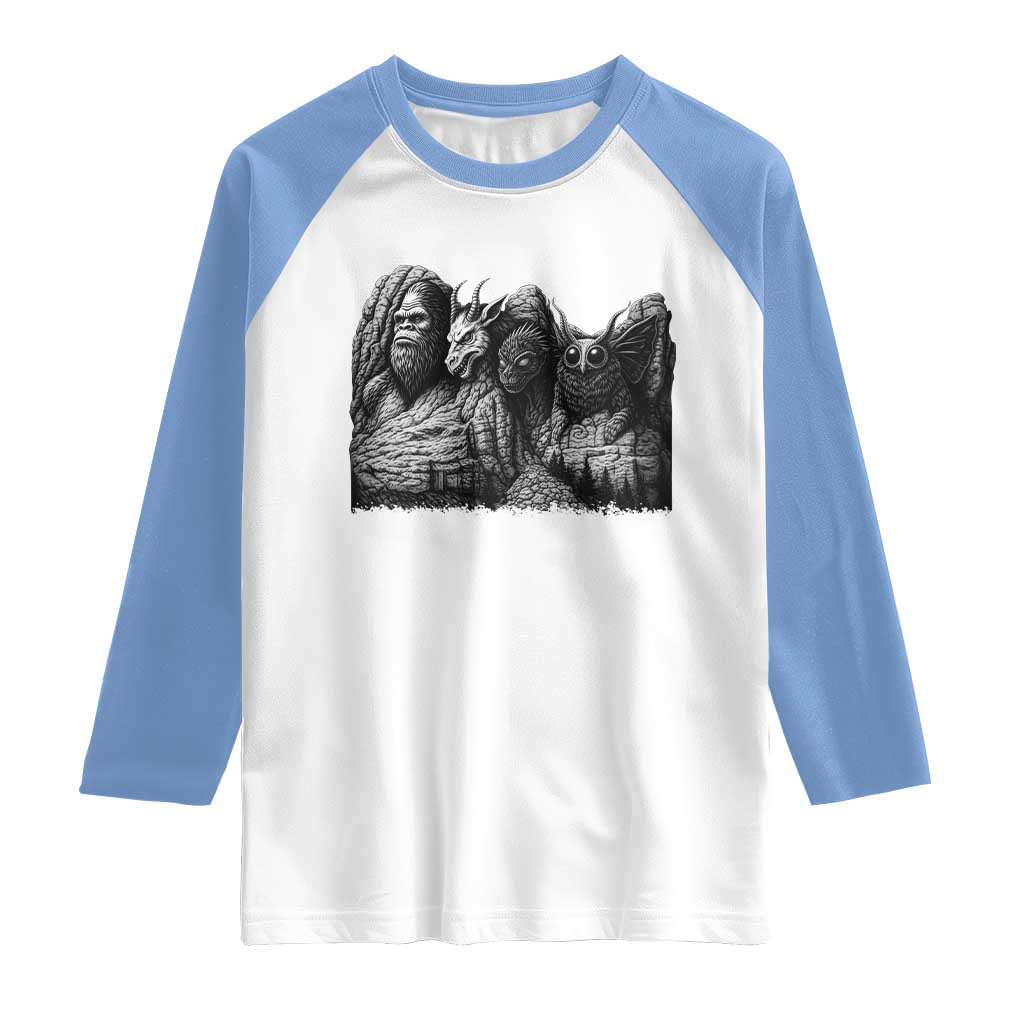 Cryptid Mount Rushmore Raglan Shirt Bigfoot Mothman Jersey Devil Chupacabra