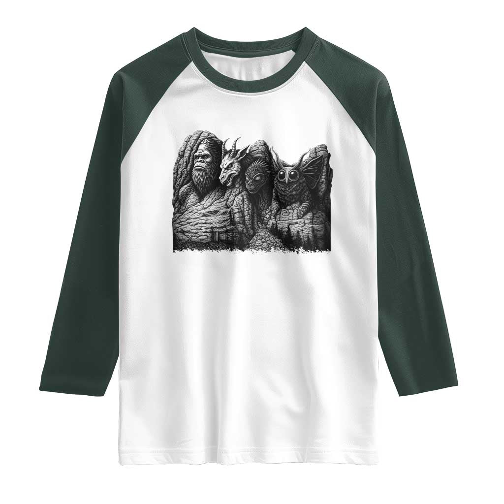 Cryptid Mount Rushmore Raglan Shirt Bigfoot Mothman Jersey Devil Chupacabra