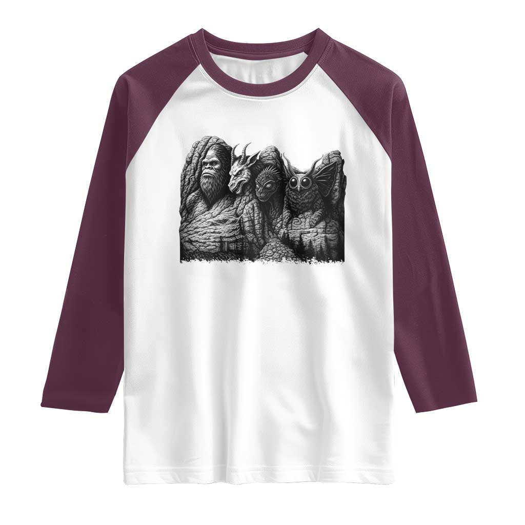 Cryptid Mount Rushmore Raglan Shirt Bigfoot Mothman Jersey Devil Chupacabra