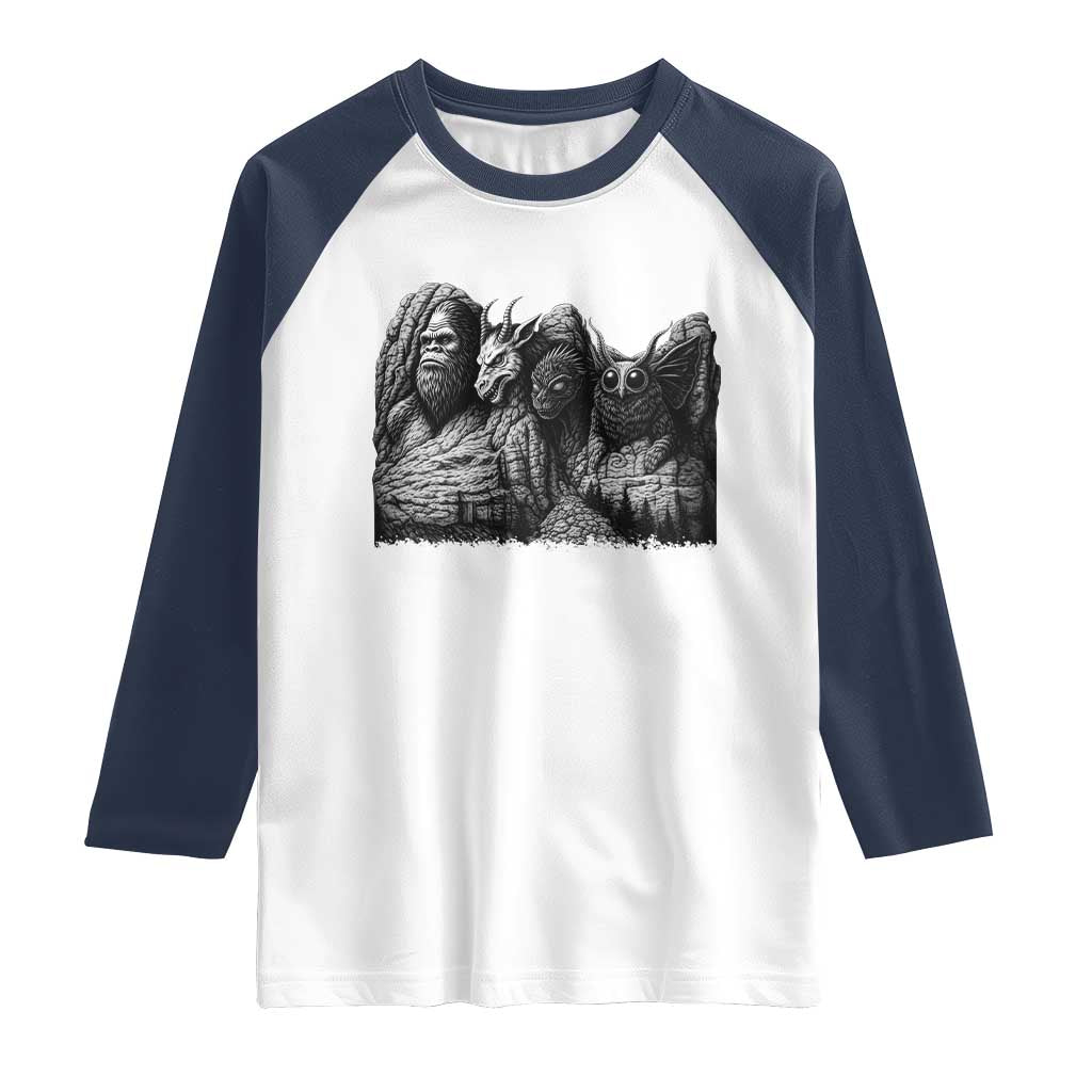 Cryptid Mount Rushmore Raglan Shirt Bigfoot Mothman Jersey Devil Chupacabra