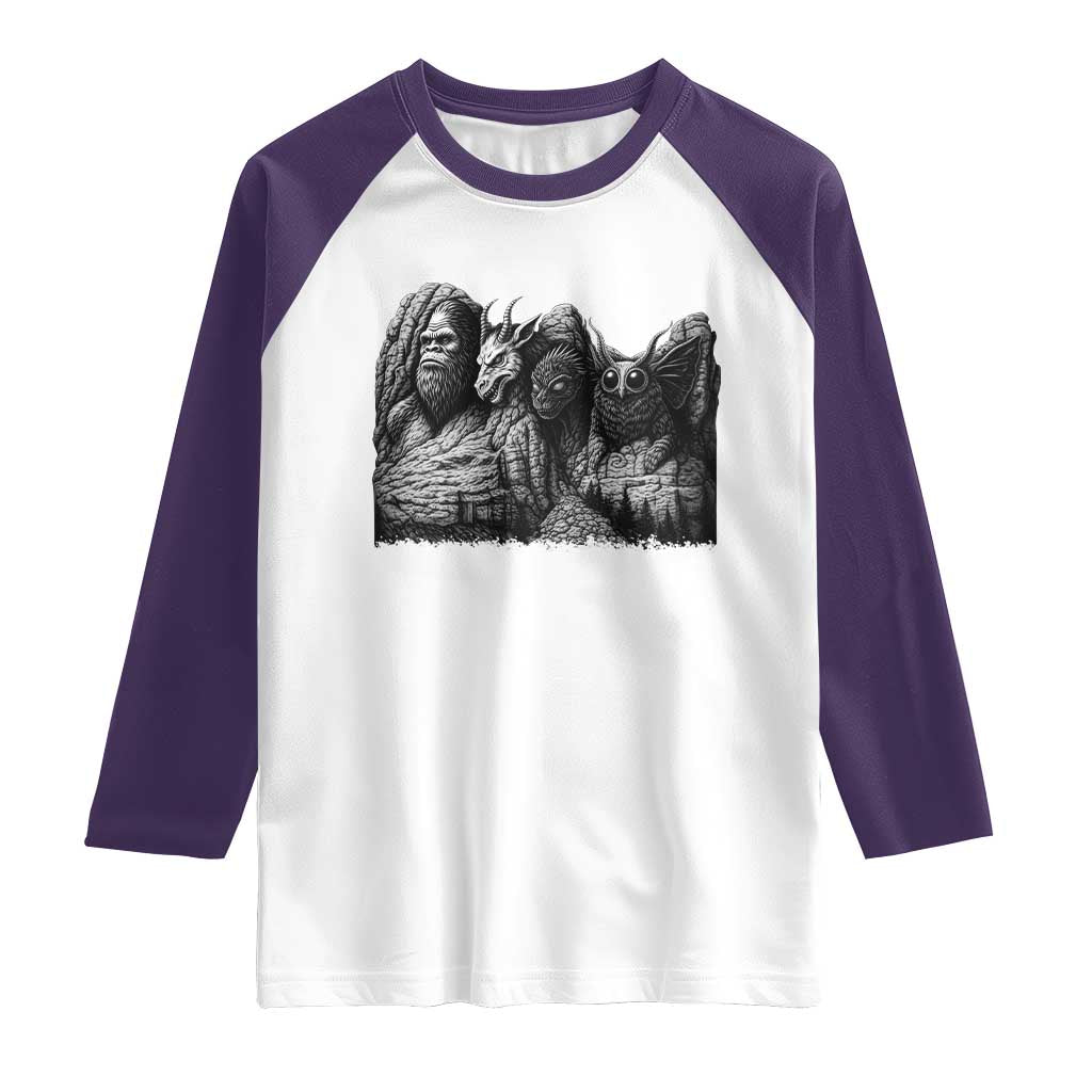 Cryptid Mount Rushmore Raglan Shirt Bigfoot Mothman Jersey Devil Chupacabra