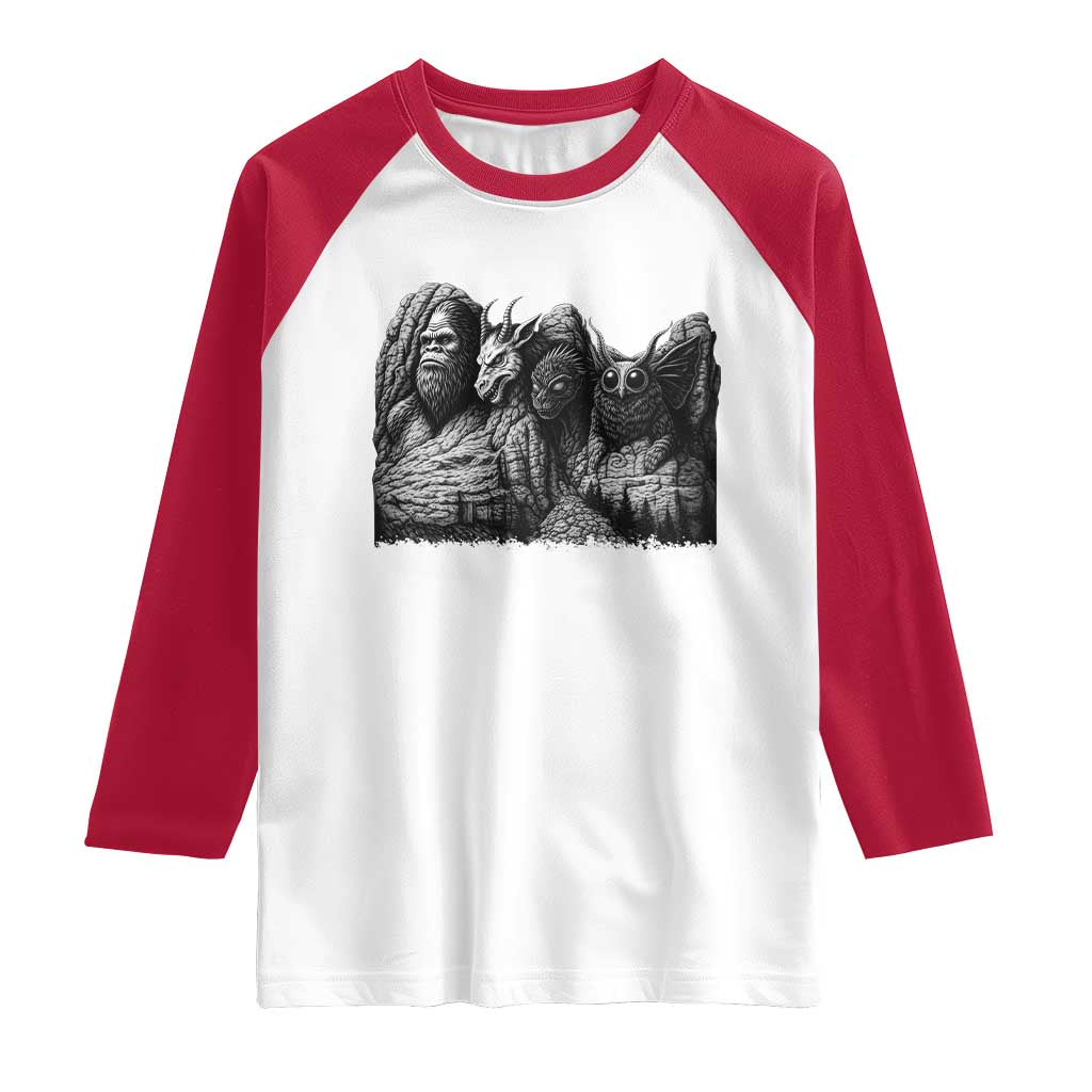 Cryptid Mount Rushmore Raglan Shirt Bigfoot Mothman Jersey Devil Chupacabra