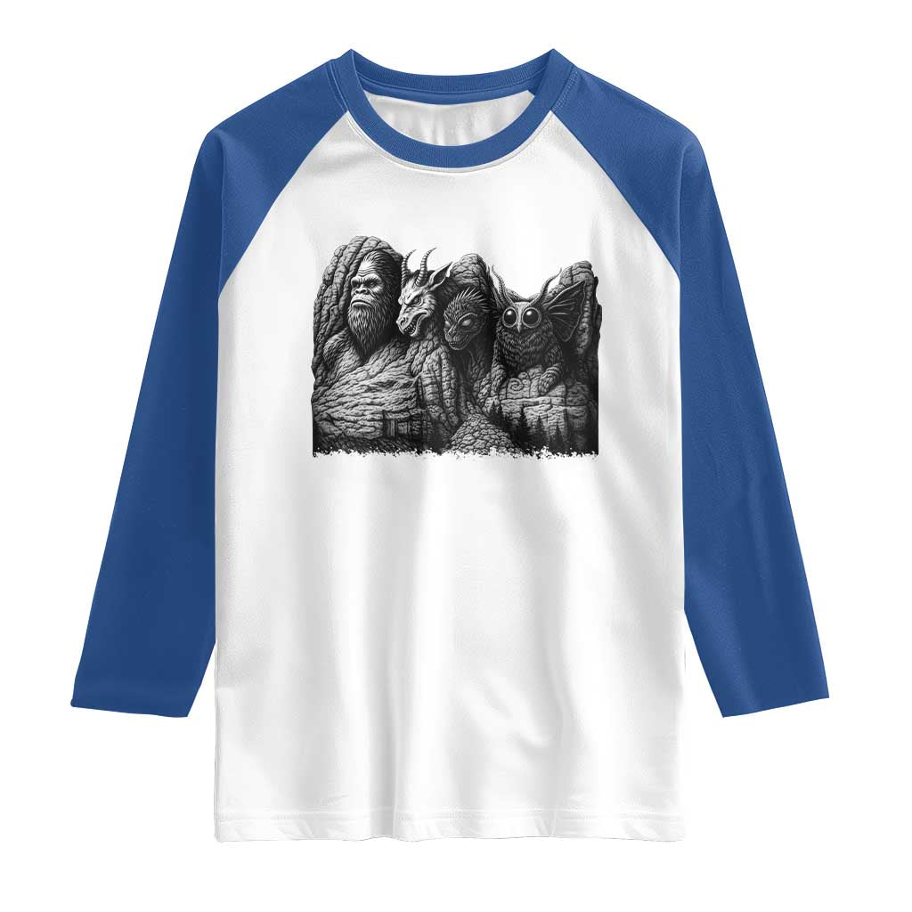 Cryptid Mount Rushmore Raglan Shirt Bigfoot Mothman Jersey Devil Chupacabra