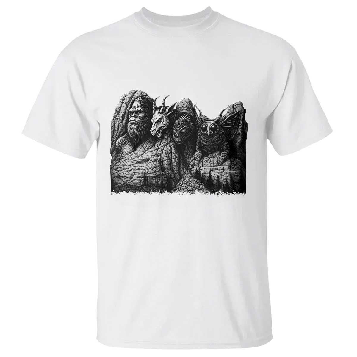 Cryptid Mount Rushmore T Shirt Bigfoot Mothman Jersey Devil Chupacabra