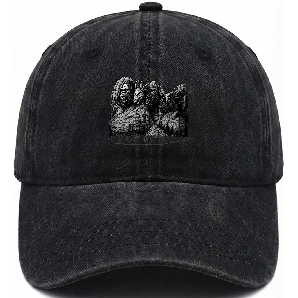 Cryptid Mount Rushmore Washed Cotton Baseball Cap Bigfoot Mothman Jersey Devil Chupacabra