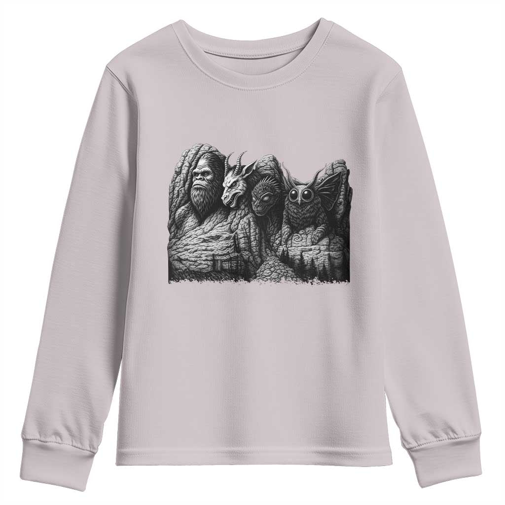 Cryptid Mount Rushmore Youth Sweatshirt Bigfoot Mothman Jersey Devil Chupacabra