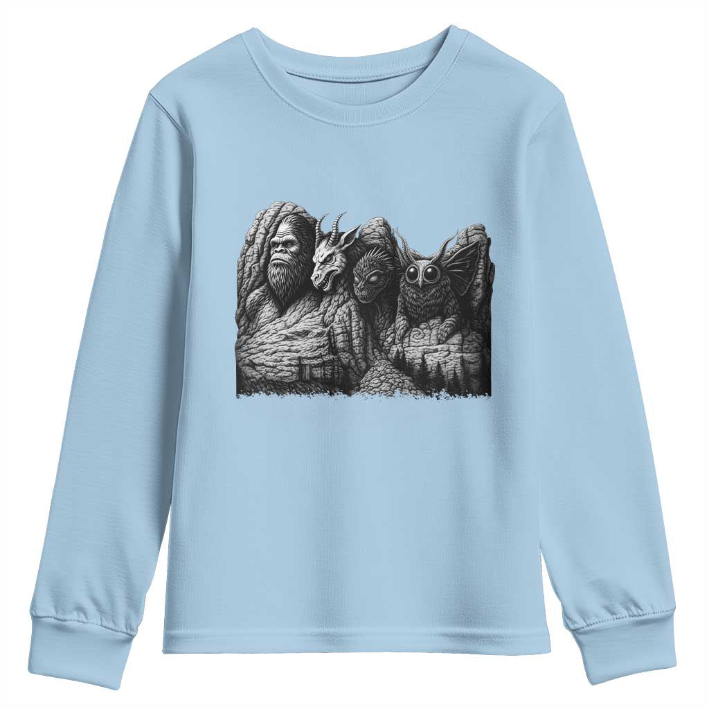 Cryptid Mount Rushmore Youth Sweatshirt Bigfoot Mothman Jersey Devil Chupacabra