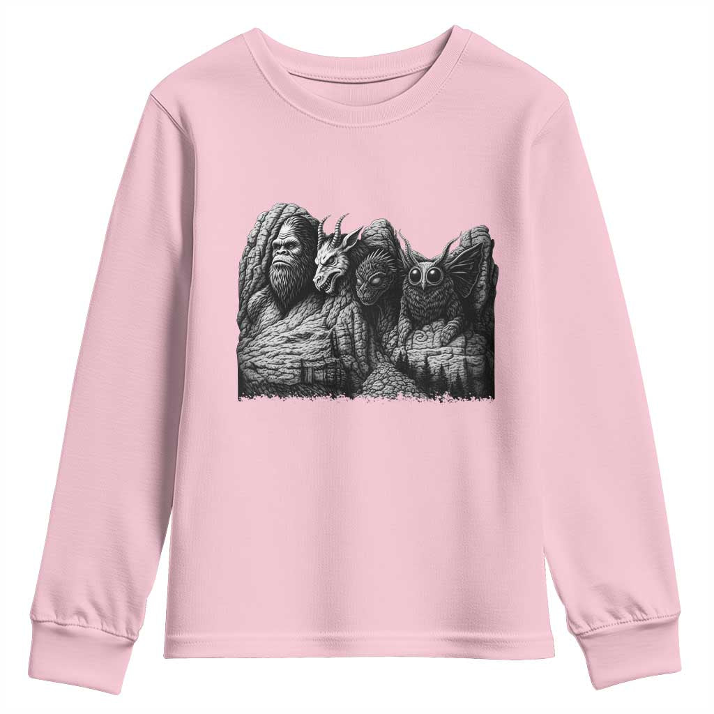 Cryptid Mount Rushmore Youth Sweatshirt Bigfoot Mothman Jersey Devil Chupacabra