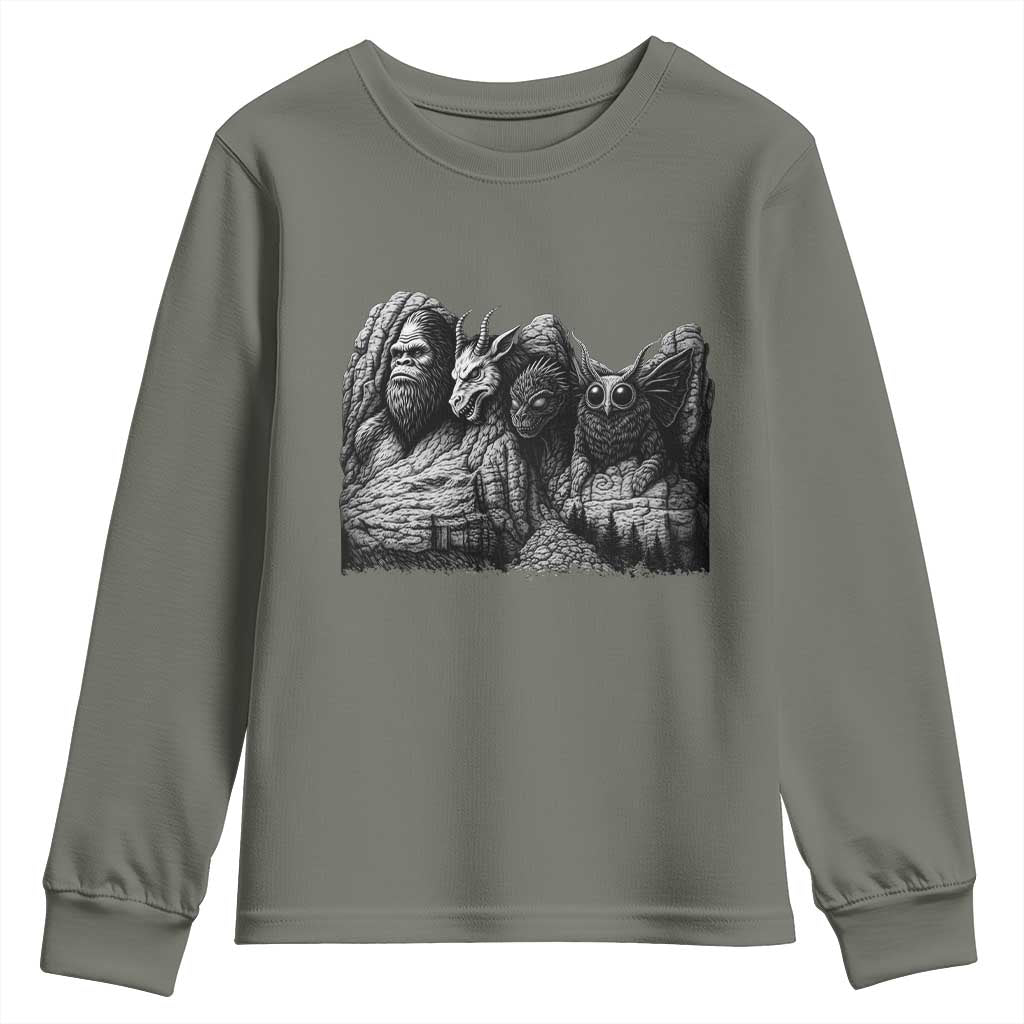 Cryptid Mount Rushmore Youth Sweatshirt Bigfoot Mothman Jersey Devil Chupacabra