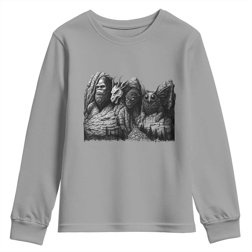 Cryptid Mount Rushmore Youth Sweatshirt Bigfoot Mothman Jersey Devil Chupacabra