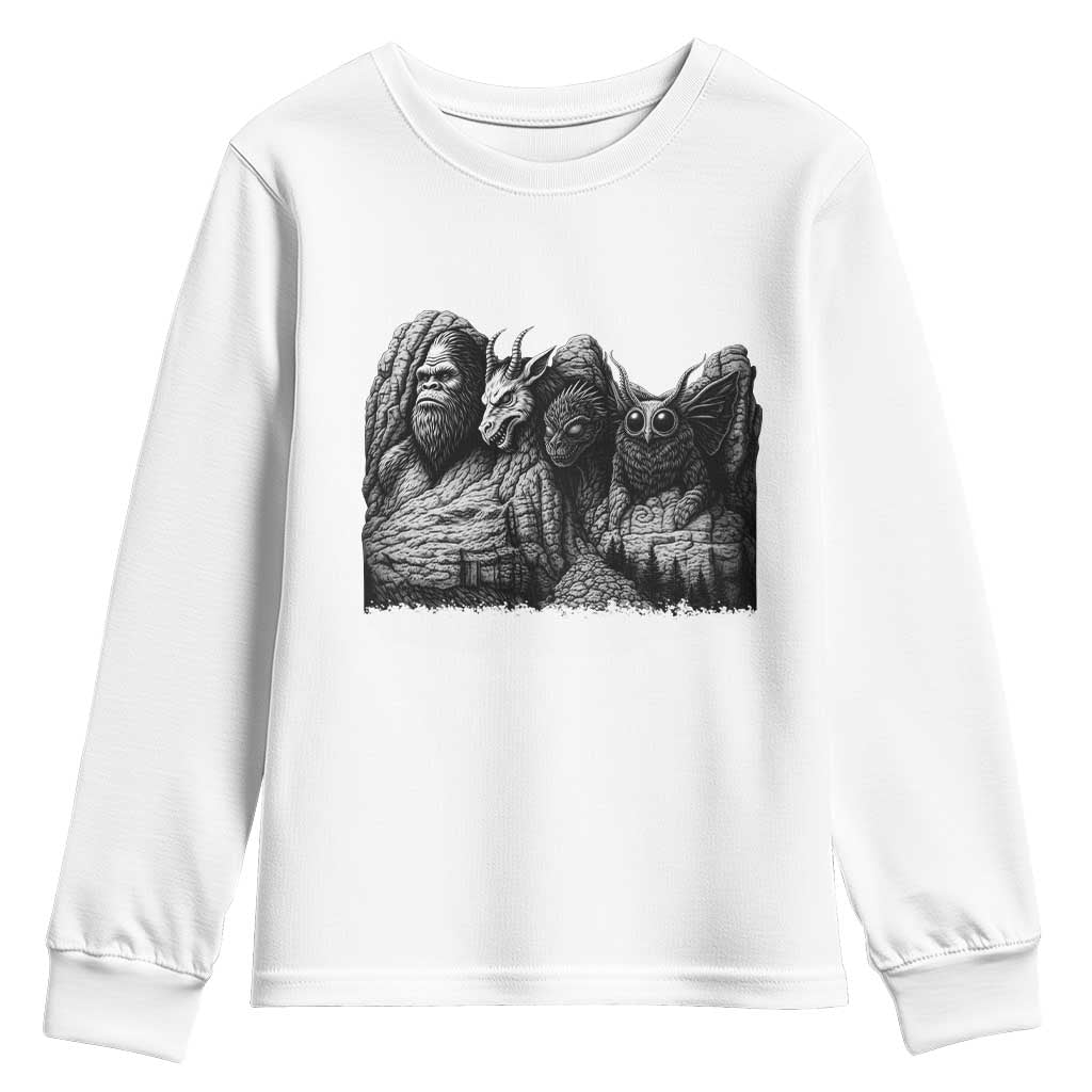 Cryptid Mount Rushmore Youth Sweatshirt Bigfoot Mothman Jersey Devil Chupacabra