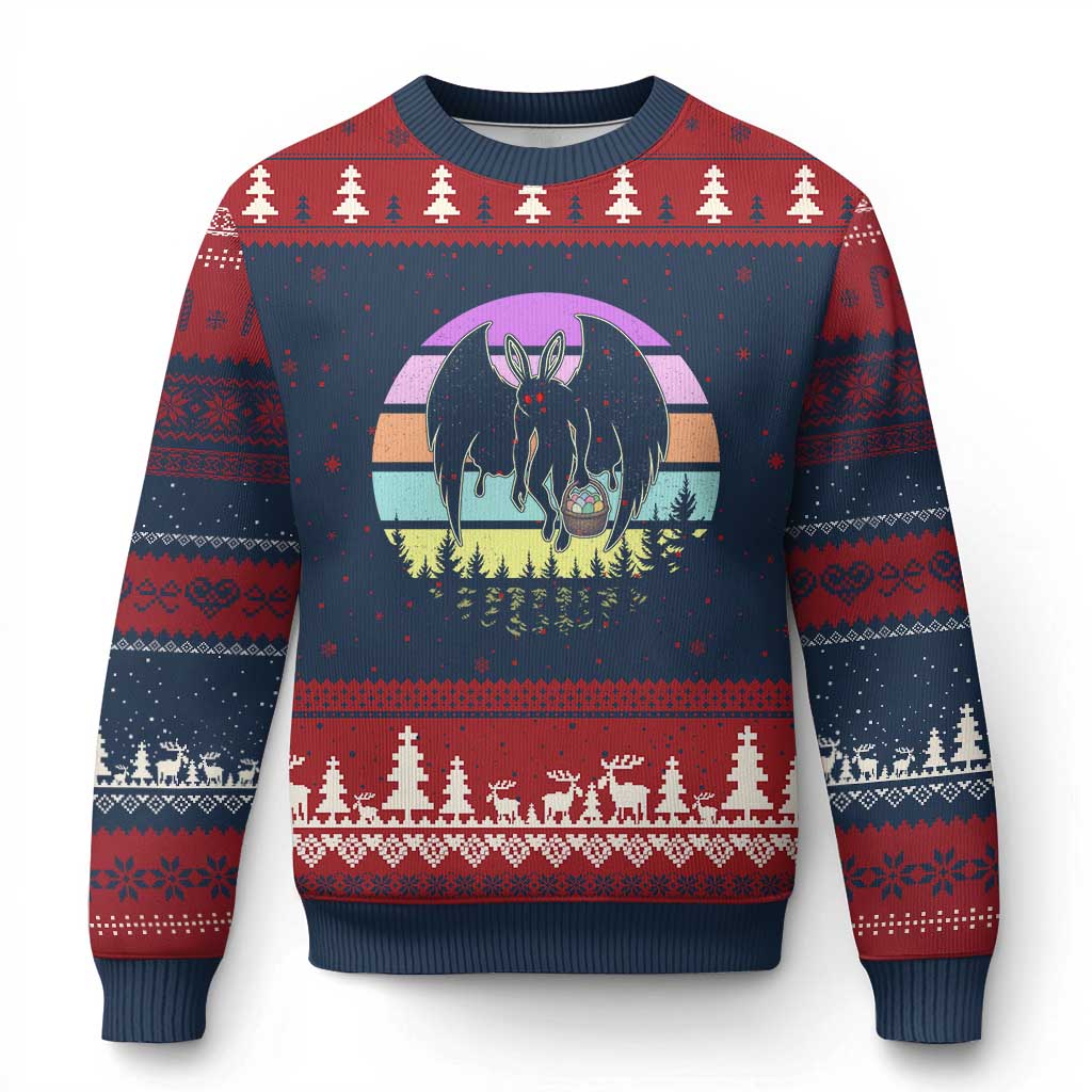 Retro Sunset Mothman Easter Egg Hunt Ugly Christmas Sweater Cryptid Lover Gift