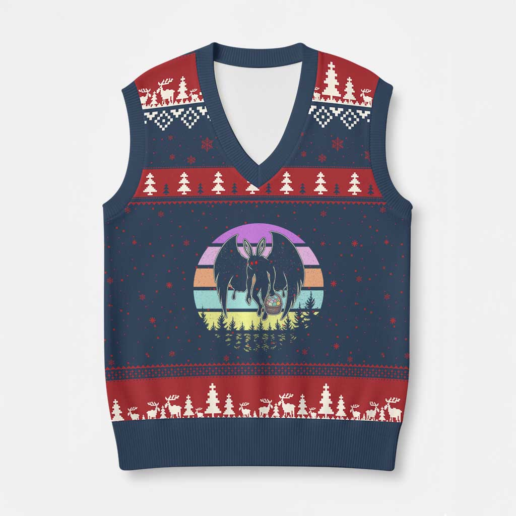 Retro Sunset Mothman Easter Egg Hunt V-Neck Knit Sweater Vest Cryptid Lover Gift