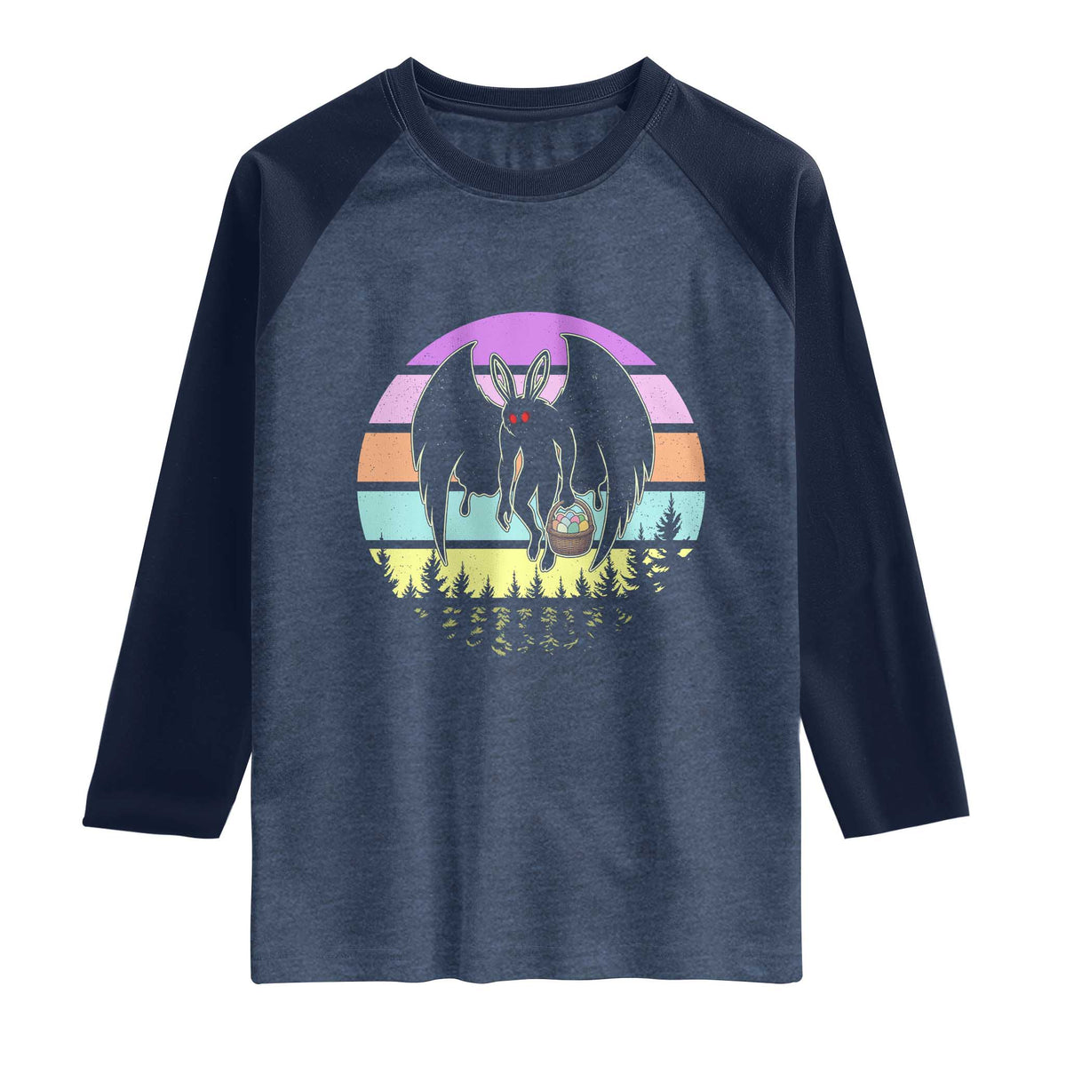Retro Sunset Mothman Easter Egg Hunt Raglan Shirt Cryptid Lover Gift