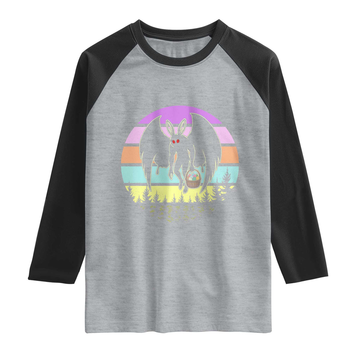 Retro Sunset Mothman Easter Egg Hunt Raglan Shirt Cryptid Lover Gift