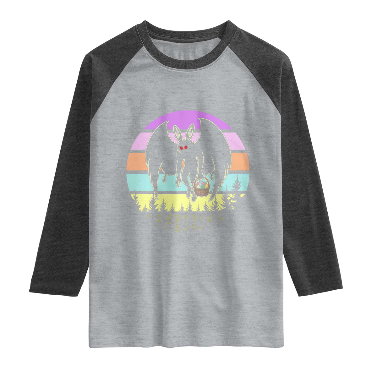 Retro Sunset Mothman Easter Egg Hunt Raglan Shirt Cryptid Lover Gift