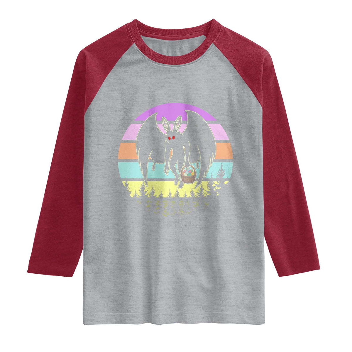 Retro Sunset Mothman Easter Egg Hunt Raglan Shirt Cryptid Lover Gift