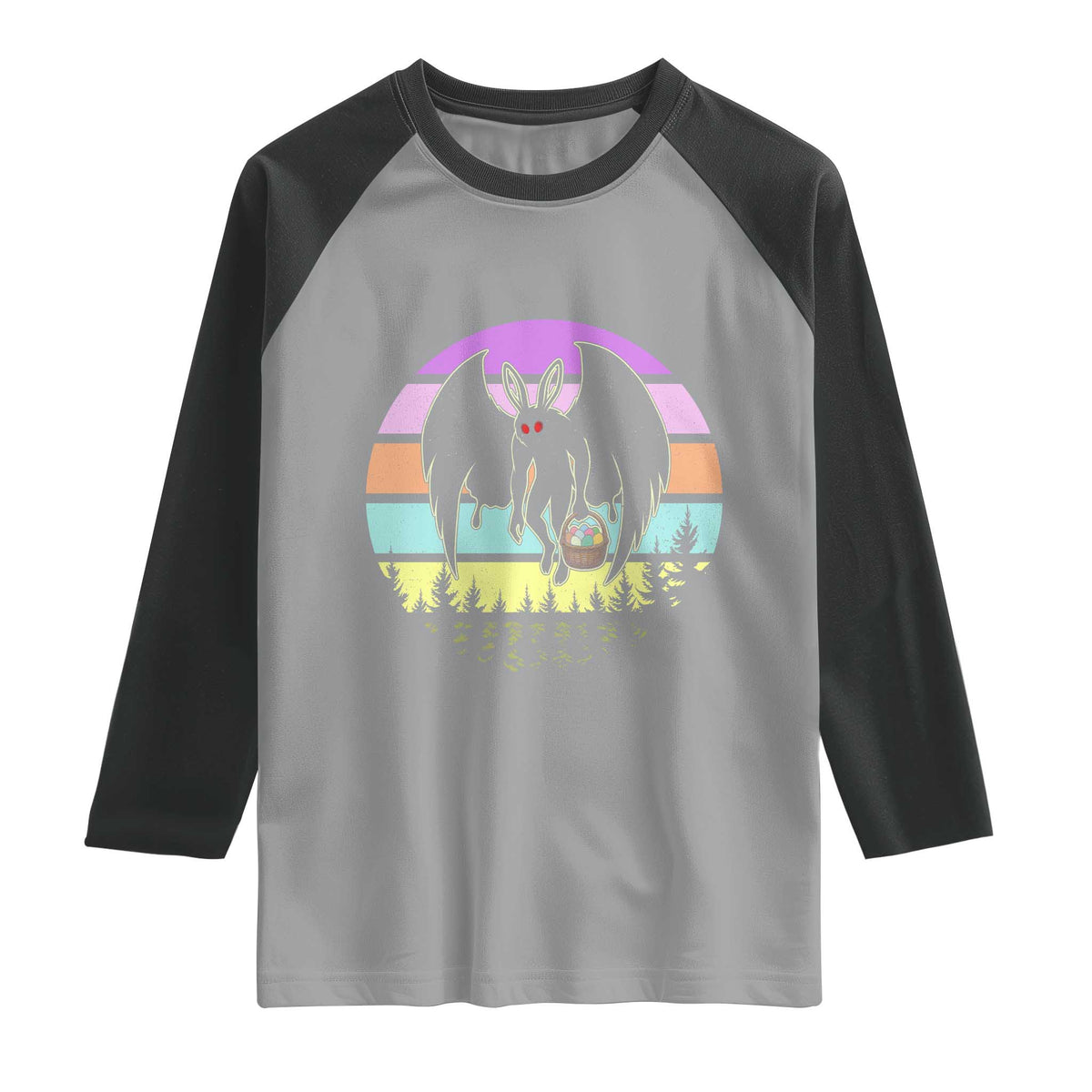 Retro Sunset Mothman Easter Egg Hunt Raglan Shirt Cryptid Lover Gift